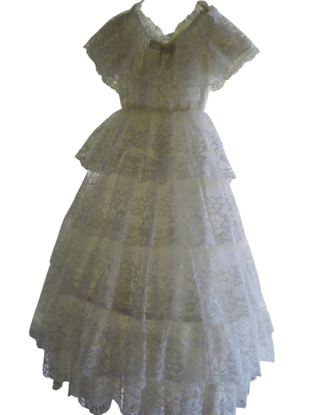 Vintage 80s Lace Dress Girls Size XS Full Length Tiered Hoop Skirt Flower Girl
